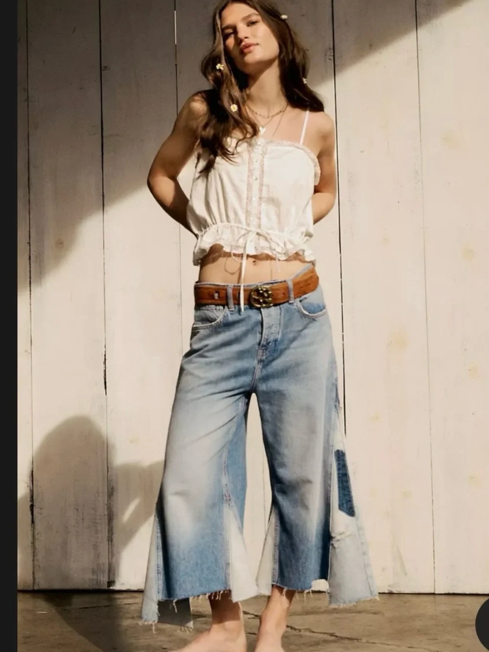 Free People Ripple Patchwork Wide-Leg Cropped Jeans, Sz 29